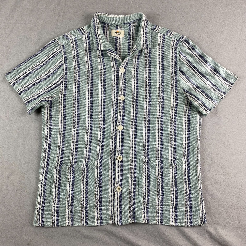 Marine Layer Archive Diego Camp Shirt L Mens Aqua Striped Textured Knit chore